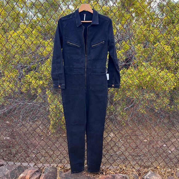 Free People Lennox Black Wash Denim Skinny Utility Jumpsuit, L NWT $148 - Picture 2 of 8